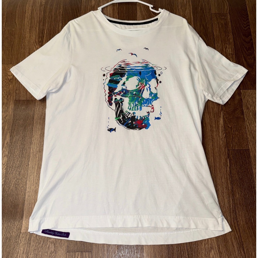 Robert Graham Mens Large White Ocean Skull Graphic TShirt Knowledge Wisdom Truth